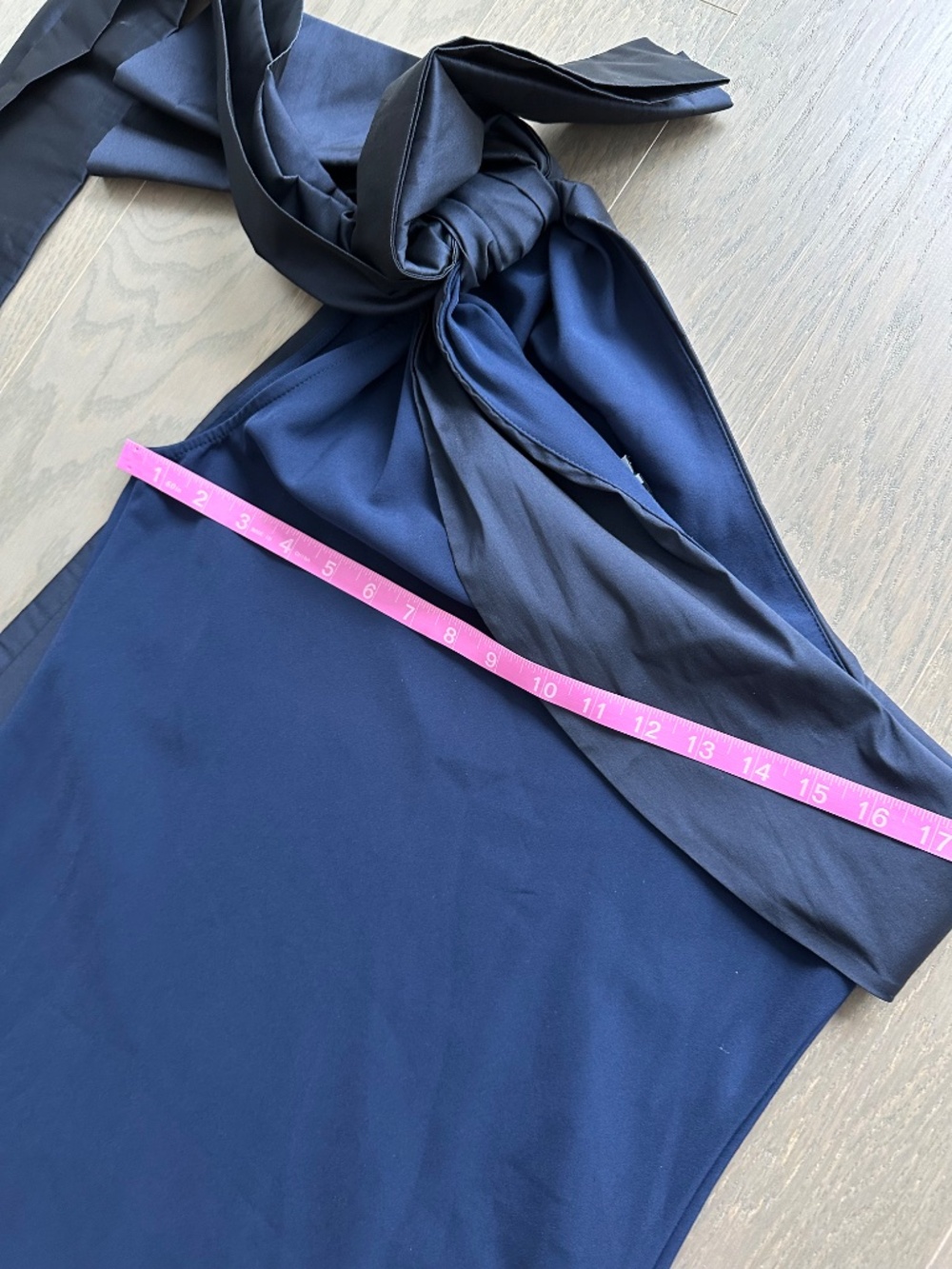 Bernadette Adrian One Shoulder Gown Maxi Dress Navy Blue Bow - Size 38 = US 6 - Picture 7 of 10